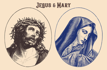 Jesus and Mary vintage vector engraving. Taken from a vintage Catholic Prayer Book 1891 