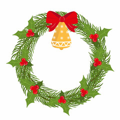 Christmas wreath with spruce branches, mistletoe and bell, ribbon, isolated on white background. Vector illustration