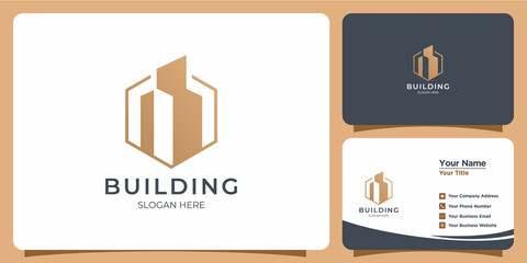 Fototapeta premium Elegant minimalist line style building Logo set with business card branding