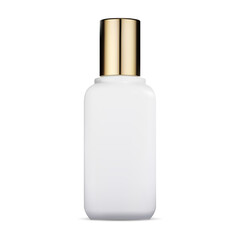 Cosmetic bottle. Glass container with gold cap, luxury beauty packaging illustration. Oil or lotion spray design blank. Facial skin essence jar