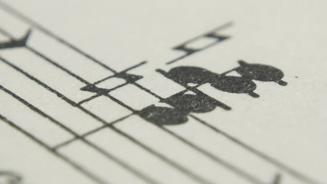 Stop motion, musical background with a chaotic image of a sheet of music.