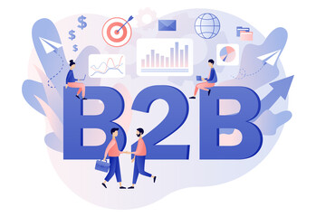 B2B : Business to business - big text. Successful business collaboration. Tiny businessmen enter into agreement. Marketing strategy, commerce. Modern flat cartoon style. Vector illustration