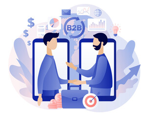 B2B : Business to business. Successful business collaboration. Tiny businessmen enter into agreement online. Marketing strategy, commerce. Modern flat cartoon style. Vector illustration