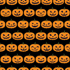 Carved Pumpkins Seamless Pattern. Vector Background for Halloween Festival. Orange Pumpkins Arranged Horizontally on Black Background. For Printing Invitations, Gift wrapping, Banner, Backdrop,Fabric