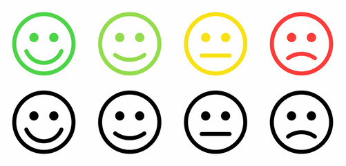 Face smile icon positive, negative neutral. Emoji icons for rate of satisfaction level. Happy and sad emoji smiley faces line art vector icon for apps and websites. Vectorv illustration.