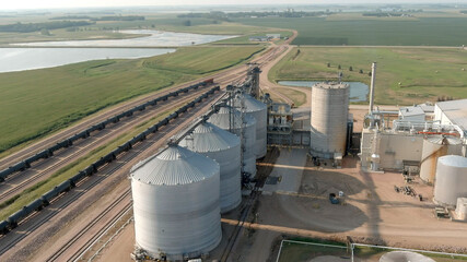 Aerial view of an ethanol production plant and rail depot in South Dakota.