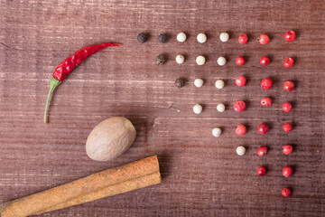 A kind of hot pepper that lies on the table. Spices and seasonings laid out on the table