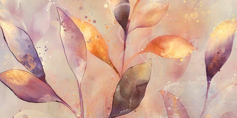 Fototapeta Abstract image of leaves with watercolor and splashes elements	
 obraz