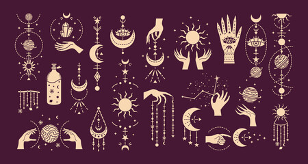 Vector set of magic illustrations with mystery symbols. Magical cards.