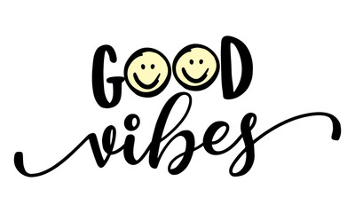 Good vibes - cute inspirational decoration. Little smiley faces in modern style, posters for self love room, greeting cards, clothes. Isolated vector.
