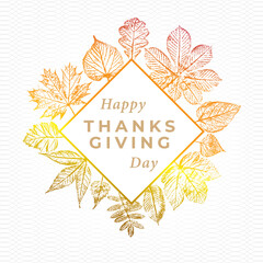 Happy Thanksgining Day Rhombus Shape Logo with Maple Hazel Oak Sycamore and Other Fall Leaves Greetings Template - Gold Brown and Yellow on White Background - Hand Drawn Design