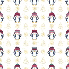 Seamless pattern of a penguin wearing a winter hat