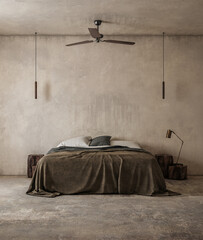 Earthy nomadic bedroom interior, 3d render