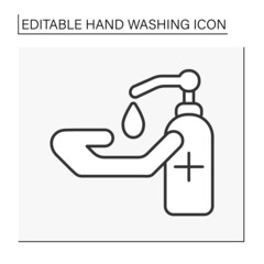  Sanitizer line icon. Hand washing. Disinfection. Viruses prevention. Hygiena concept. Isolated vector illustration. Editable stroke