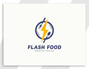 Flash food logo with spoon, fork, and lightning bolt illustration