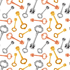 Lot of old antique detailed door keys, seamless pattern on white