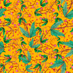Fototapeta na wymiar Watercolor seamless pattern with vintage leaves. Beautiful botanical print with colorful foliage for decorative design. Bright spring or summer background. Vintage wedding decor. Textile design. 