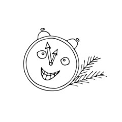 Cute doodle-style clock happy New Year, the hands are approaching midnight. Funny chimes. Vector alarm clock with spruce branches.