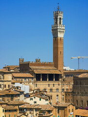 Fototapeta na wymiar Cityscape of the old town of Siena a wonderful place in Tuscany, Italy with its old medieval little building and red roofs seen from Orto dei Tolomei