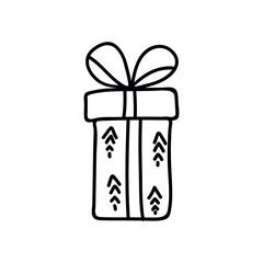 Single hand drawn Christmas gift box. Doodle vector illustration. Isolated on a white background.