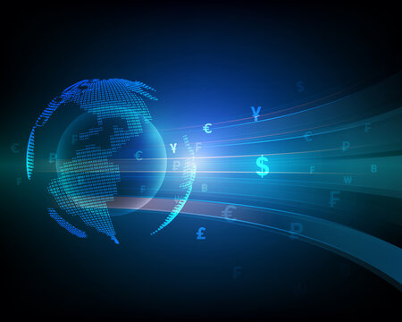 Currency exchang money transfer with high speed network global symbol illustration