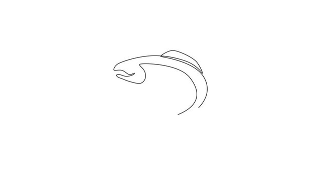 Animated self drawing of one continuous line draw big salmon for fishing logo identity. Fish mascot concept for fast food can icon. Full length single line animation illustration.