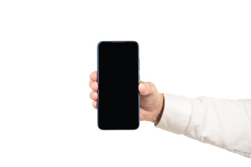 advertisement presentation. copy space. hand of man presenting phone screen.