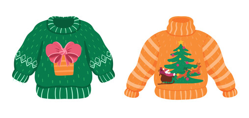 Vector cute tacky sweaters set for Christmas party. Funny Xmas ugly jumpers with sleigh, Santa Claus, deers, gifts and fir-tree. Isolated green and orange objects.