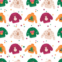 Vector seamless pattern with ugly sweaters set for Christmas party. Funny Xmas jumpers with Christmas sleigh, deers, Santa, tree and a snowman. White background.