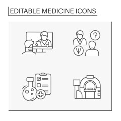 Medicine line icons set. Clinical trials, consultation with doctor, MRI. Healthcare concept.Isolated vector illustrations. Editable stroke