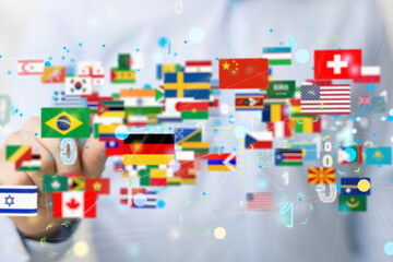 Global communication and international messaging concept, national flags of world