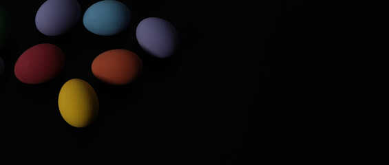 Easter eggs or color egg. Multi-colorful of easter eggs on background in studio with close-up shot which include many colour such as yellow, green, blue, purple, red on festival eggs by art painting.