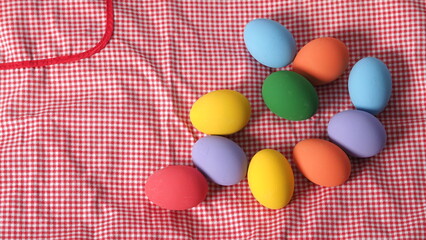 Easter eggs or color egg. Multi-colorful of easter eggs on background in studio with close-up shot which include many colour such as yellow, green, blue, purple, red on festival eggs by art painting.