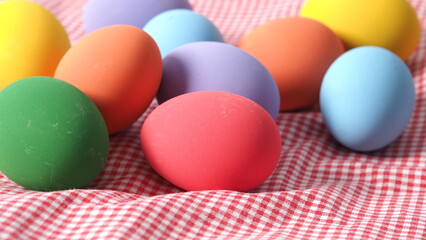 Easter eggs or color egg. Multi-colorful of easter eggs on background in studio with close-up shot which include many colour such as yellow, green, blue, purple, red on festival eggs by art painting.