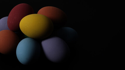 Easter eggs or color egg. Multi-colorful of easter eggs on background in studio with close-up shot which include many colour such as yellow, green, blue, purple, red on festival eggs by art painting.