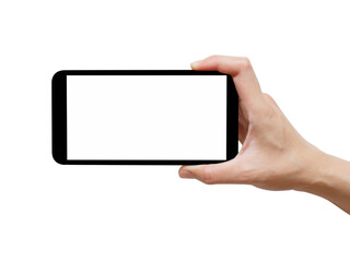 Woman hand holding black smartphone with white screen