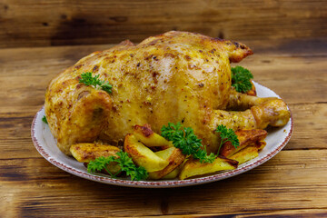Baked whole chicken with potato on a wooden table