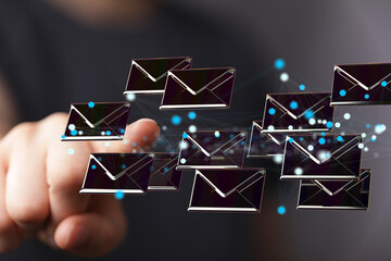  touching 3D rendering flying email icon with his fin