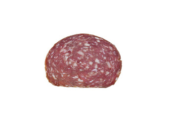 Slice of salami sausage isolated on white background