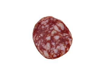 Slice of salami sausage isolated on white background