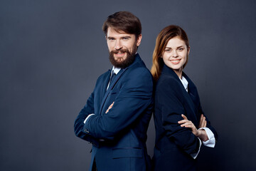 business man and woman gesturing with hands together communication team