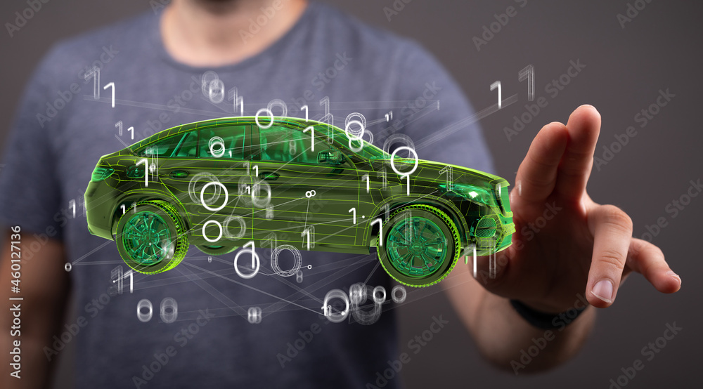 Poster electric car icon from lines, triangles and particle style