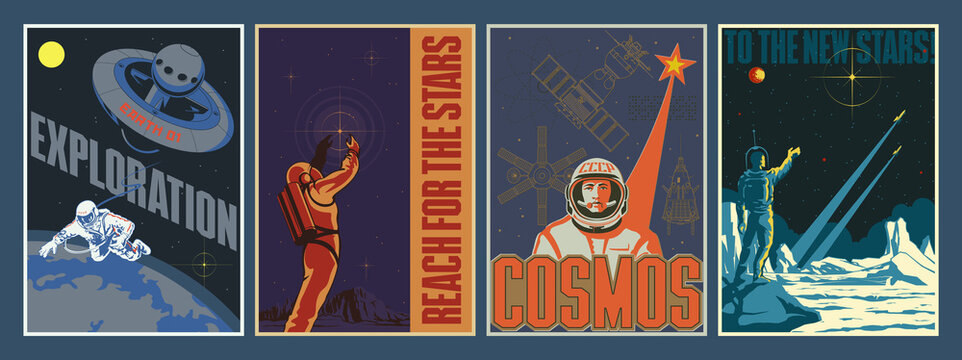 Retro Soviet Space Propaganda Poster Style Illustrations, Cosmonauts, Satellites, Spaceship