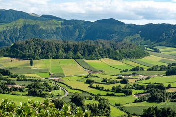 Pastures and cornfields on the Sao Miguel island in the Portuguese Azores