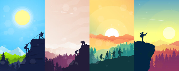 Adventure. Hiking tourism. Travel concept of discovering, exploring, and observing nature. Minimalist graphic flyers. Polygonal flat design for coupons, vouchers, gift cards. Illustrations set.