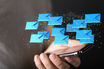 touching 3D rendering flying email icon with his fin
