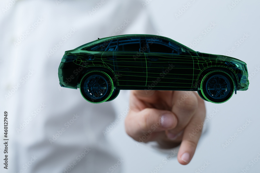 Poster electric car icon from lines, triangles and particle style