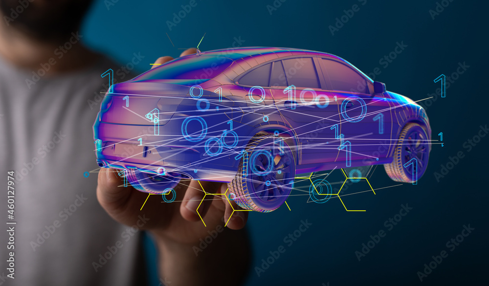 Poster electric car icon from lines, triangles and particle style