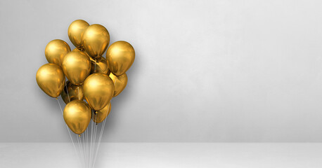 Gold balloons bunch on a white wall background. Horizontal banner.