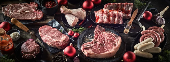 Fotobehang Assorted fresh meat on table with Christmas baubles © exclusive-design